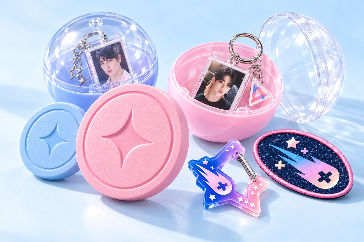 Pastel gacha coins, clear capsules and festival accessories