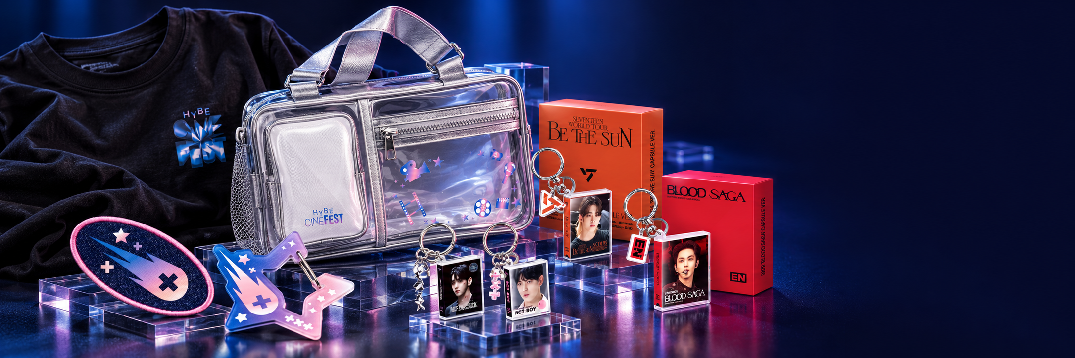 Digital Code Capsules, festival T-shirt, PVC bag, artist wappens and carabiners in a festival merchandise display