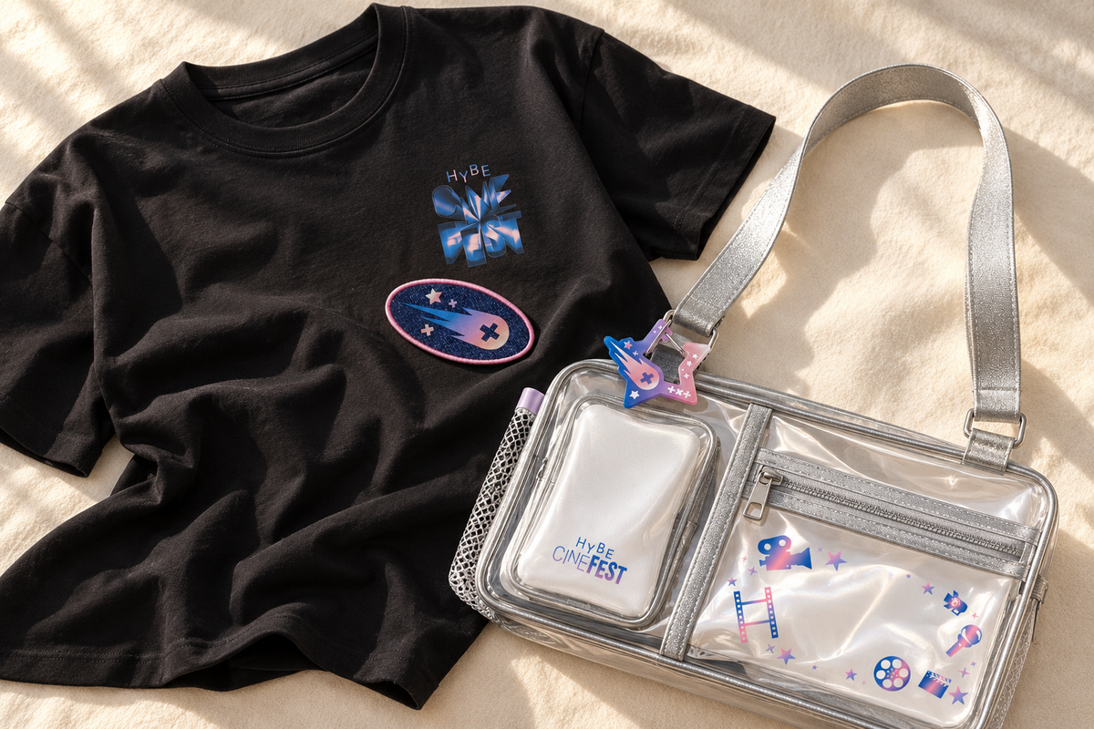Festival T-shirt and PVC bag styled with artist wappens and carabiners